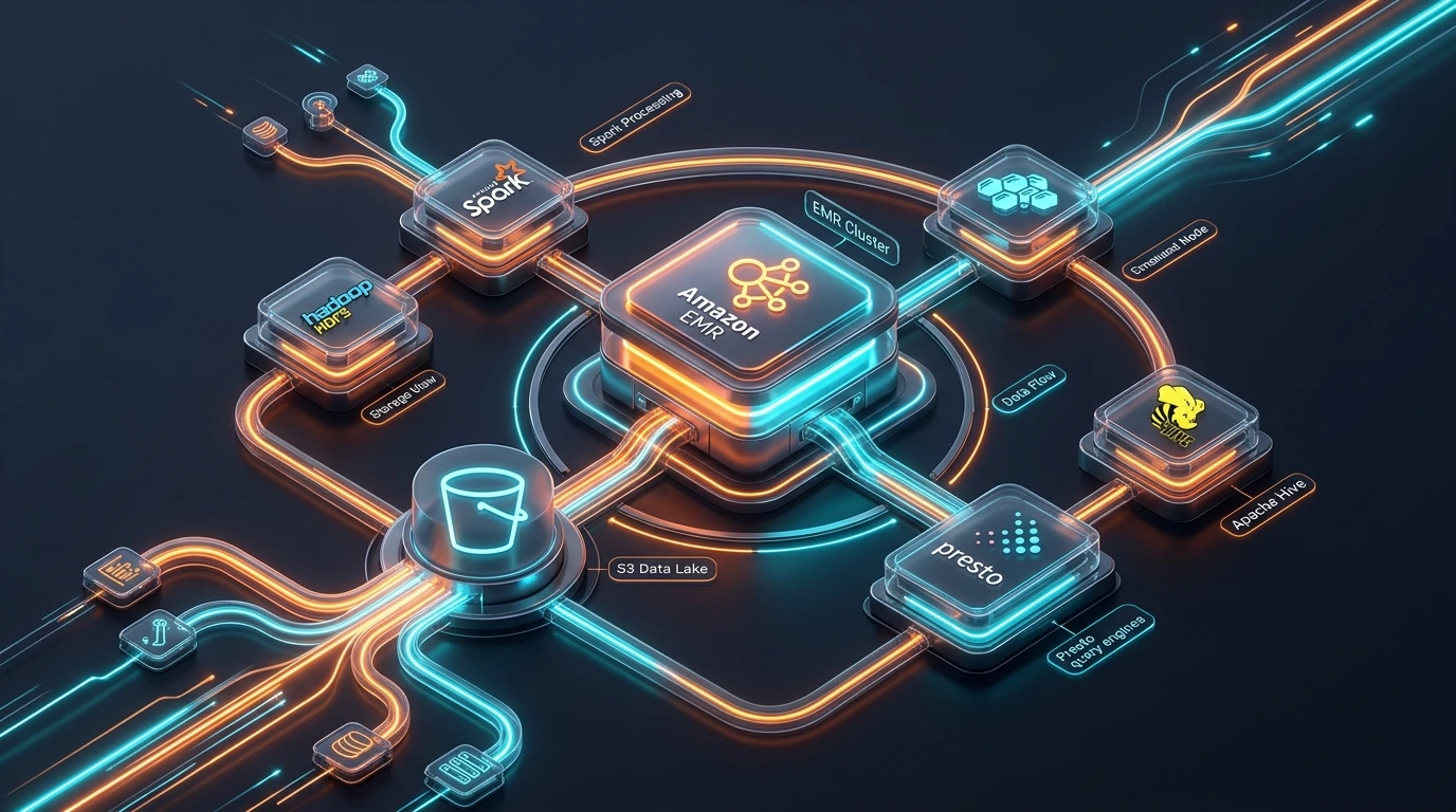 AWS big data architecture diagram showing an Amazon EMR cluster running Spark and Hive jobs against data in S3
