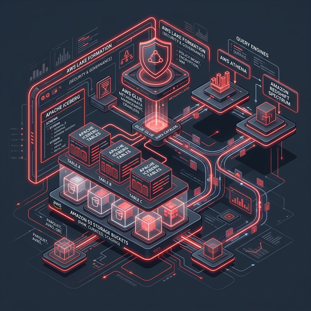 AWS data lake architecture diagram showing raw, curated and consumption zones with Glue Catalog and Lake Formation governance