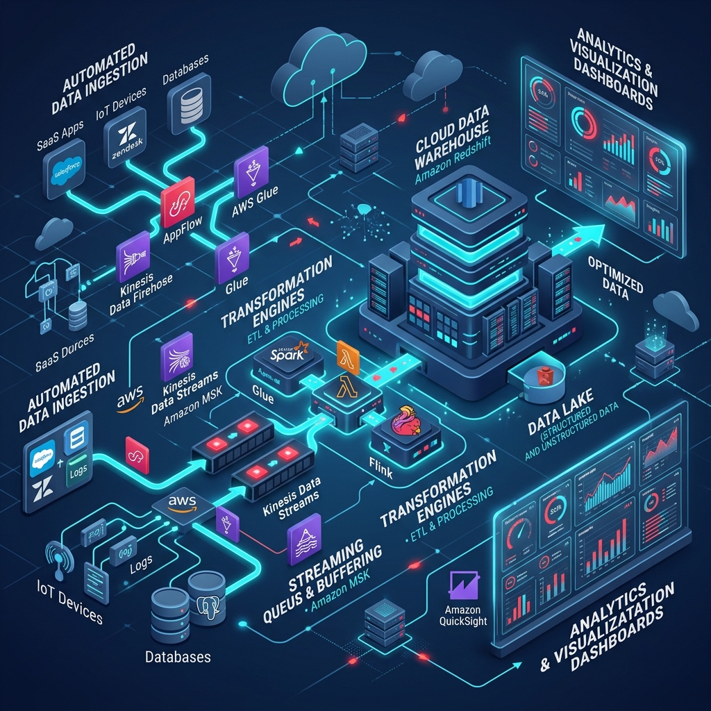 AWS data pipeline architecture diagram showing ingestion, transformation, orchestration and destination layers