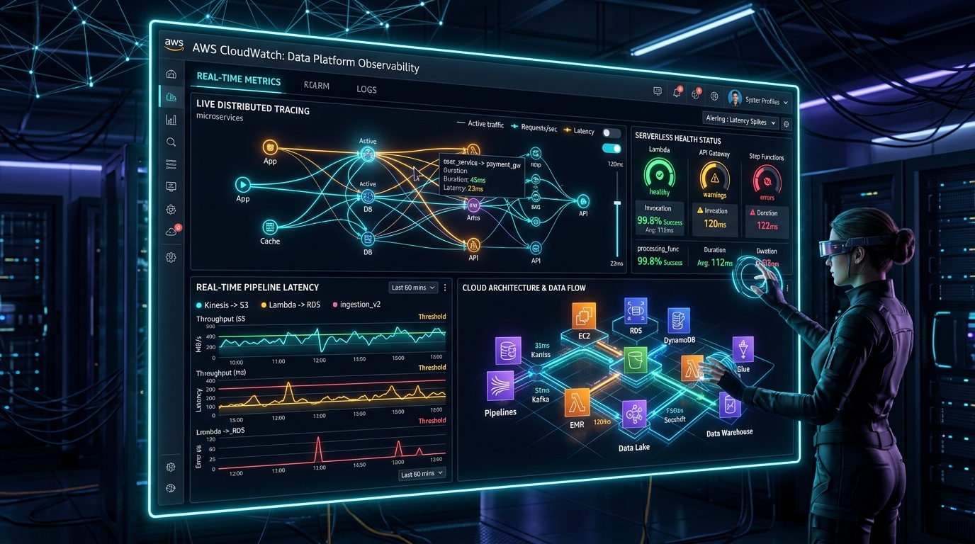 AWS observability architecture diagram showing unified CloudWatch dashboards, tracing, and anomaly detection across pipelines, warehouse, and data lake