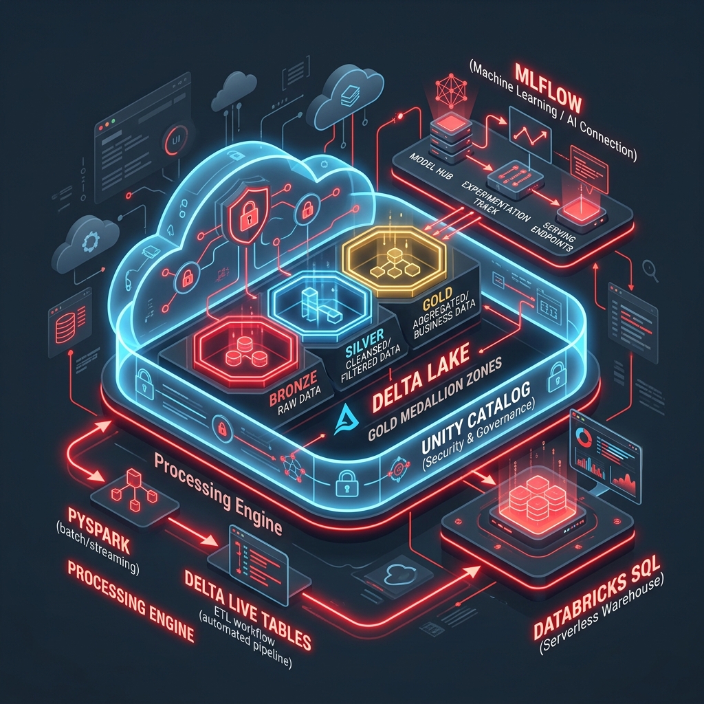 Databricks lakehouse architecture diagram showing ingestion, Delta Lake, Unity Catalog governance and Databricks SQL