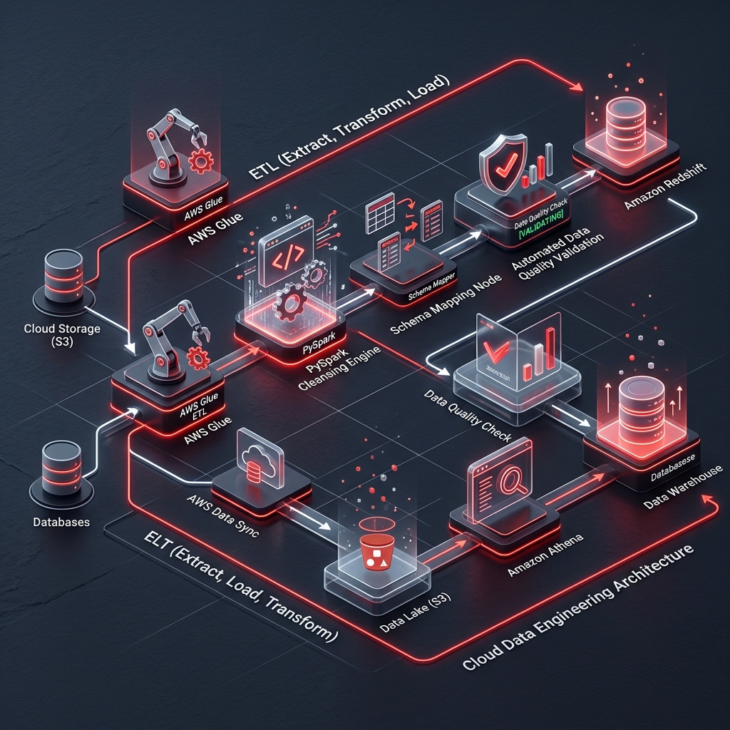ETL and ELT transformation pipeline diagram showing cleansing, validation, schema mapping and load steps on AWS