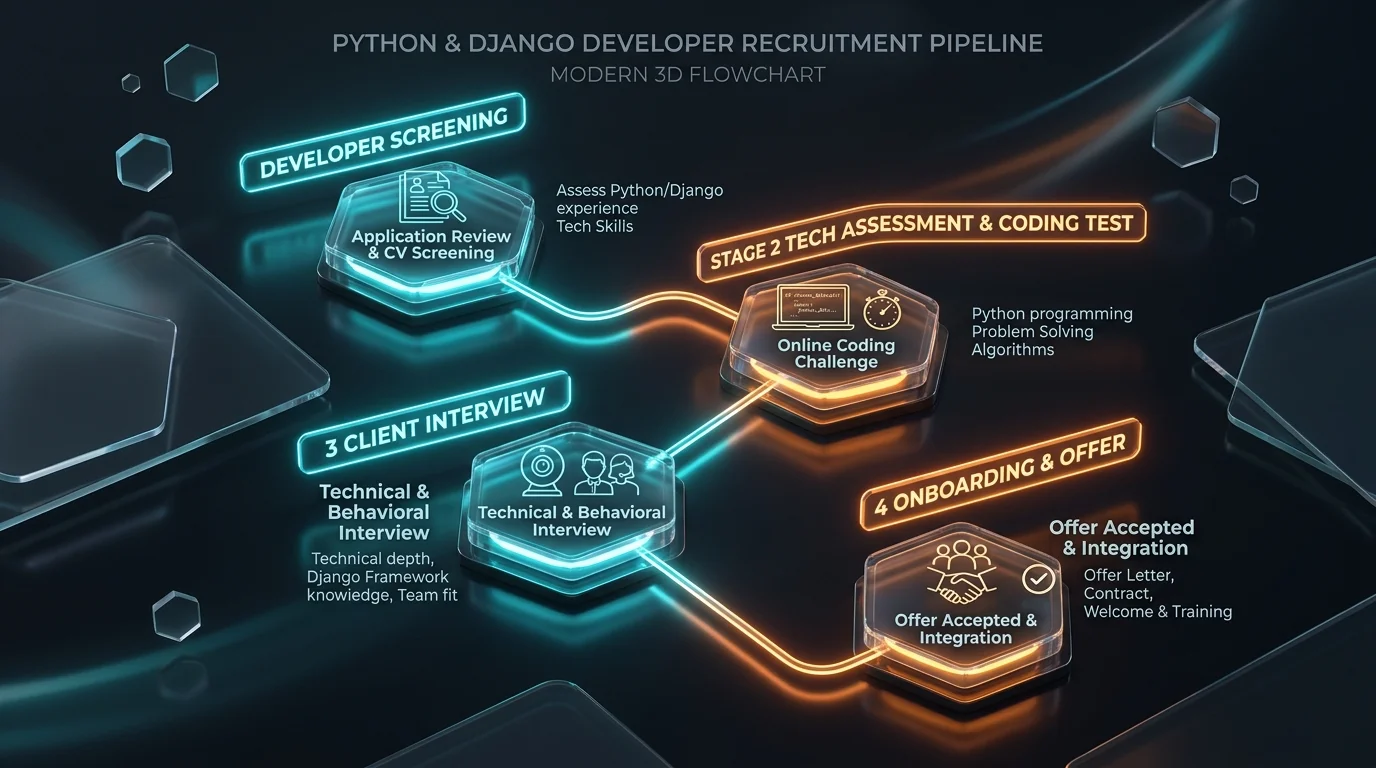 Python and Django developer hiring process showing screening, technical assessment, client interview and onboarding steps
