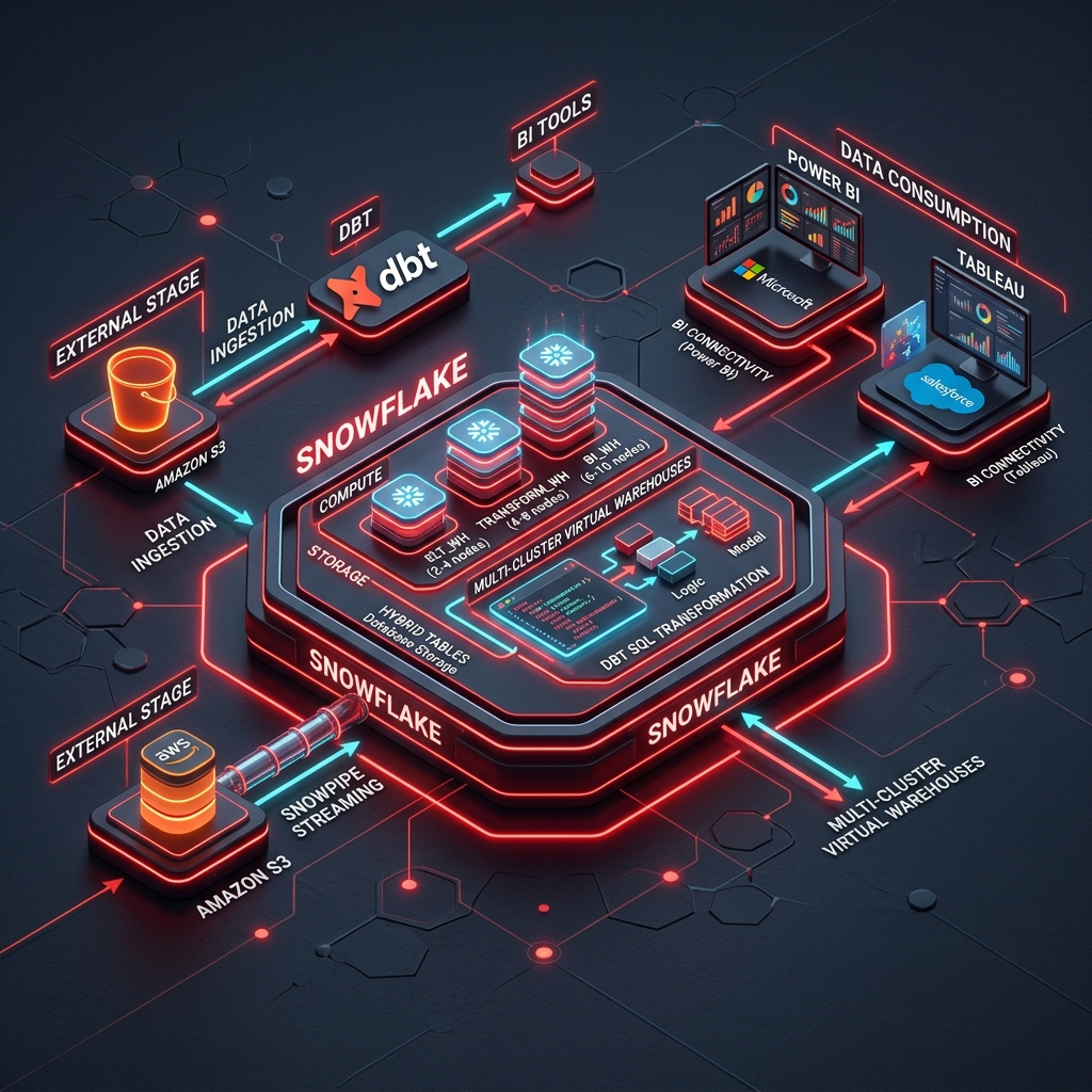 Snowflake data engineering architecture diagram showing ingestion, virtual warehouses, transformation and BI connectivity